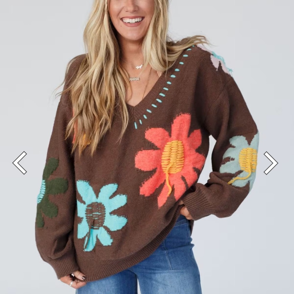 Three Bird Nest Floral Brown Sweater - Picture 5 of 6